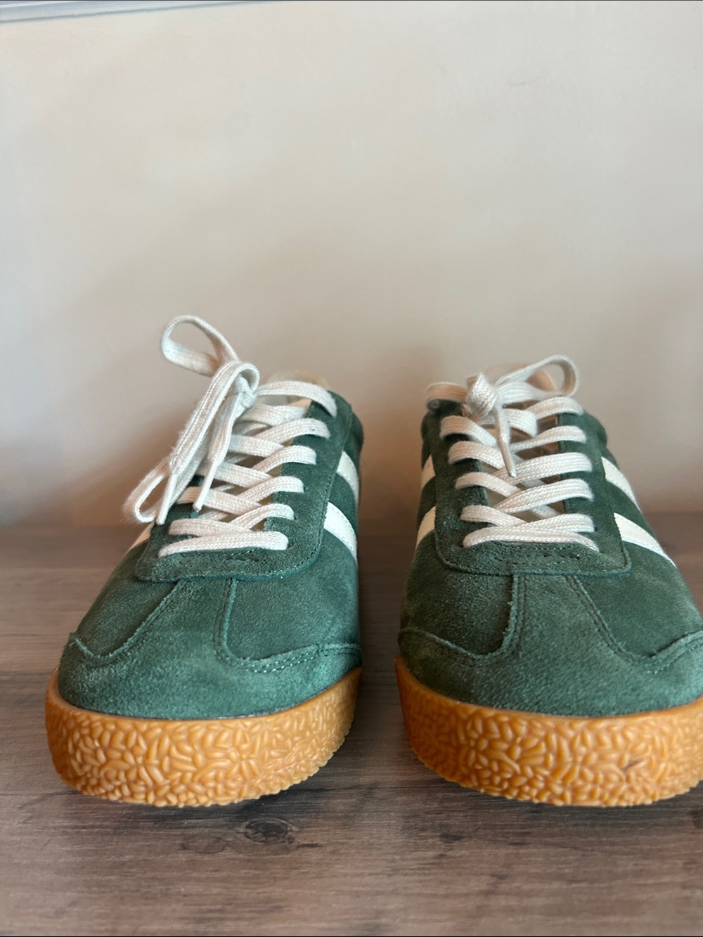 Gola Green Suede Sneaker with White Stripes and Gum Sole - Picture 2 of 5